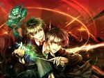  2boys brown_hair frown glasses green_eyes green_necktie harry_james_potter harry_potter limp magic male male_focus multiple_boys necktie numeri_(pixiv) open_mouth red_eyes red_necktie robe robes school_uniform skull student tom_marvolo_riddle uniform wand worried 