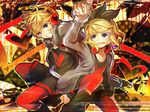  1girl belt blonde_hair bow brother_and_sister fingerless_gloves gloves grin hair_bow headphones heart heart-shaped_pupils holding_hands kagamine_len kagamine_rin lulu_season open_mouth pantyhose short_hair shorts siblings smile studded_belt symbol-shaped_pupils twins unhappy_refrain_(vocaloid) vocaloid 