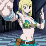  bikini_top blonde_hair bra bracelet breasts brown_eyes cleavage fairy_tail fighting_stance jewelry large_breasts long_hair lucy_heartfilia martial_arts navel perspective pig_tails short_twintails sideboob skirt solo twintails underboob 