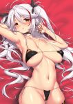  1girl absurdres antenna_hair arm_up armpits azur_lane bikini black_bikini black_choker blush breasts choker cleavage cowboy_shot earrings flag_print fuya_(tempupupu) german_flag_bikini hair_between_eyes highres jewelry large_breasts long_hair looking_at_viewer lying mole mole_on_breast multicolored_hair navel on_back paid_reward parted_lips patreon_reward prinz_eugen_(azur_lane) prinz_eugen_(unfading_smile)_(azur_lane) red_hair sagging_breasts shiny shiny_skin side-tie_bikini skindentation solo streaked_hair string_bikini swimsuit two_side_up white_hair yellow_eyes 