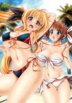  armpits bandeau bikini black_bikini blonde_hair blue_eyes blush breasts brown_hair cleavage fate_testarossa front-tie_top itachou large_breasts long_hair lyrical_nanoha mahou_shoujo_lyrical_nanoha multiple_girls navel open_mouth red_eyes sarong shiny shiny_skin side-tie_bikini skindentation strap_gap surprised swimsuit takamachi_nanoha twintails undressing white_sarong wind wind_lift 