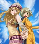  bare_shoulders blonde_hair bodysuit brown_eyes bruce_lee's_jumpsuit cloud cropped_jacket day detached_sleeves dress green_eyes hat huang_baoling jacket karina_lyle lion_(macross_frontier) long_hair macross macross_frontier multiple_girls orange_bodysuit parody ranka_lee sheryl_nome short_hair sky sleeveless sleeveless_dress sousui_yasana tiger_&amp;_bunny 