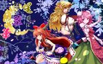  bandages blonde_hair breasts bun_cover chain cherry_blossoms crescent_moon double_bun gourd highres horn horns hoshiguma_yuugi ibaraki_kasen ibuki_suika impossible_clothes large_breasts long_hair moon multiple_girls nikka_(cryptomeria) orange_eyes orange_hair petals pink_eyes pink_hair red_eyes red_hair short_hair touhou wallpaper wrist_cuffs 