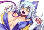  animal_ears areola_slip areolae blush breasts capcom chinjuu_hibakichi dog_ears drawr erect_nipples fangs gallon genderswap japanese_clothes jon_talbain kimono large_breasts leash long_hair midnight_bliss open_clothes open_shirt paws personification shirt silver_hair vampire_(game) yellow_eyes 