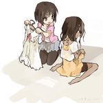  bad_id bad_pixiv_id barefoot bike_shorts blush brown_hair dark_skin dress inukashi kneeling long_hair multiple_girls no.6 pantyhose safu short_hair sitting skirt soto wariza 