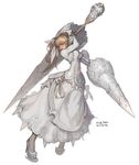  2011 blonde_hair bow dated dress dual_wielding earrings full_body hair_bow high_heels holding jewelry long_hair original polearm ponytail shoes simple_background solo spear weapon weltol white white_dress yellow_eyes 