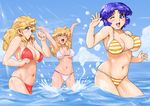  bikini blonde_hair blue_eyes blue_hair breasts closed_eyes curvy kusuha_mizuha large_breasts leona_garstein long_hair lune_zoldark multiple_girls navel one_eye_closed short_hair shu-z sideboob skindentation splashing striped striped_bikini striped_swimsuit super_robot_wars super_robot_wars_original_generation swimsuit wading 