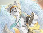  avoid_posting belt brown_eyes canine chest_tuft clouds cute dracojeff feathers headband necklace reaching slim smile tail topless wind wings wolf wolfpuptk 