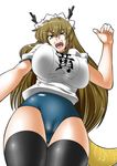  angry animal_tail antlers breasts brown_eyes brown_hair buruma cameltoe erect_nipples gym_outfit gym_uniform headdress hips large_breasts long_hair open_mouth shisoworld solo tail thighhighs 
