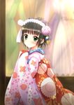  bad_id bad_pixiv_id black_eyes blush floral_print flower green_eyes hair_ornament headdress highres ikoku_meiro_no_croisee japanese_clothes kimono short_hair smile solo swordsouls yune_(ikoku_meiro_no_croisee) 