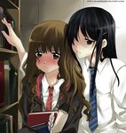  anakris black_eyes black_hair blush book bookshelf brown_eyes brown_hair cho_chang hair_ornament hair_over_one_eye hairclip harry_potter hermione_granger multiple_girls necktie quill shaded_face shirt tears upper_body watermark web_address white_shirt yuri 