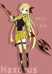 axe bandages blonde_hair boots bow chain character_name cropped_jacket gen_5_pokemon gloves hair_bow hair_ribbon haxorus highres long_hair merlusa navel personification pokemon red_eyes ribbon shadow skirt smile solo thighhighs translation_request weapon zettai_ryouiki 