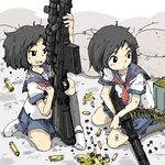  ammunition_belt anti-materiel_rifle black_eyes black_hair bolt_action bullet casing_ejection gun lowres machine_gun multiple_girls ohyo original rifle school_uniform serafuku shell_casing sniper_rifle weapon 