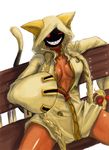  animal_ears bad_id bad_pixiv_id blazblue braid breasts cat_ears cat_tail cleavage collar dark_skin fangs grin highres hood large_breasts long_hair messy_hair one_eye_closed open_clothes open_shirt parody red_eyes ribbon shirt smile solo tail taokaka twintails yaranaika 