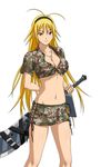  antenna_hair arm_behind_back belt black_hairband black_ribbon blonde_hair breasts camouflage camouflage_skirt chousen_(ikkitousen) cleavage crop_top eyebrows eyebrows_visible_through_hair front-tie_top groin hairband holding holding_sword holding_weapon ikkitousen jewelry long_hair looking_at_viewer magatama medium_breasts midriff military military_uniform miniskirt navel necklace pendant red_eyes ribbon shiny shiny_skin shirt simple_background skirt solo sword tied_shirt uniform weapon white_background 