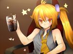  akita_neru armchair bare_shoulders blonde_hair chair cup drink holding ice long_hair necktie side_ponytail sitting smile soda solo star tadano_magu vocaloid yellow_eyes 