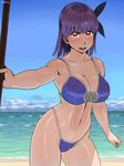  ayane_(doa) beach bikini brown_eyes day dead_or_alive headband highleg highleg_bikini highleg_swimsuit purple_hair shade short_hair solo swimsuit zenkou 