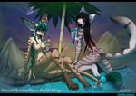  alcohol anthro auril barefoot beach beverage breasts cat dragon egyptian_mau feline female green_eyes green_hair hair hindpaw horn iontoon long_hair looking_at_viewer mammal nexus nude paws pussy red_eyes rift_drake seaside tropical 