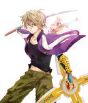  armor blonde_hair ivan_karelin jacket k@de katana letterman_jacket male_focus origami_cyclone purple_eyes purple_jacket shuriken solo sword tiger_&amp;_bunny weapon 