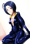  absurdres ahoge biker_clothes bikesuit black_footwear blue_hair bodysuit boots breasts cleavage highres idolmaster idolmaster_(classic) kneeling long_hair medium_breasts miura_azusa muhi11234 ponytail red_eyes skin_tight smile solo unzipped 