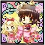  :o alice_blanche bird black_hair blonde_hair blush bow chibi dress floral_print flower green_eyes hair_bow hair_ornament hiyopuko ikoku_meiro_no_croisee japanese_clothes kimono long_hair lowres multiple_girls open_mouth short_hair smile tabi yune_(ikoku_meiro_no_croisee) 