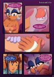  2019 anthro blue_eyes breasts brown_eyes brown_hair clothed clothing comic english_text fangs female hair handjob hi_res human male mammal open_mouth penis precum rouge_the_bat scificat sex sonic_(series) speech_bubble teeth text thought_bubble tongue 