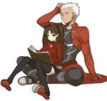  1girl archer bad_id bad_pixiv_id black_legwear blue_eyes book bow brown_hair fate/stay_night fate_(series) hair_bow height_difference holding holding_book indian_style long_hair long_legs minatsuki_randoseru reading sitting sitting_on_lap sitting_on_person slippers sweatdrop thighhighs toosaka_rin two_side_up white_background white_eyes white_hair zettai_ryouiki 
