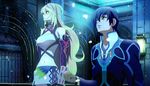  1girl absurdres black_hair blonde_hair brown_eyes choker coat gate gloves highres jude_mathis long_hair midriff milla_maxwell navel red_eyes skirt smile strapless tales_of_(series) tales_of_xillia tubetop yuuri-622 