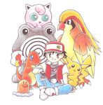  charmander diglett game_freak jigglypuff lowres nakamura_satomi nintendo official_art pidgeot pikachu pocket_monsters_zensho pokemon pokemon_(game) pokemon_(manga) pokemon_red_and_green pokemon_rgby pokemon_zensho poliwhirl red_(pokemon) satoshi_(zensho) simple_background sitting smile 