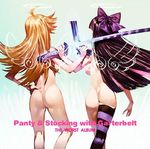  album_cover angel_wings ass black_hair blonde_hair cover doughnut food from_behind lowres multicolored_hair multiple_girls nude official_art panty_&amp;_stocking_with_garterbelt panty_(psg) pink_hair ribbon stocking_(psg) striped striped_legwear thighhighs two-tone_hair wings yoshinari_you 