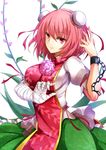  asya bandages breasts bun_cover chain chinese_clothes cuffs double_bun flower highres ibaraki_kasen large_breasts light_smile pink_eyes pink_flower pink_hair pink_rose rose shackles short_hair short_sleeves simple_background solo touhou upper_body 