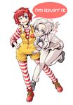  ? aosode blue_eyes blush breasts colonel_sanders english formal genderswap genderswap_(mtf) glasses hand_on_hip kfc leg_up mcdonald's medium_breasts multiple_girls one_eye_closed open_mouth pantyhose red_hair ronald_mcdonald simple_background speech_bubble string_tie striped striped_legwear suit sweatdrop v white_hair 