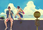  bag black_hair bottle bus_stop closed_eyes cloud contemporary day eating food freckles fruit grin hat jewelry male_focus monkey_d_luffy multiple_boys necklace one_piece otonai popsicle portgas_d_ace road_sign scar scenery ship sign sky smile straw_hat watercraft watermelon 