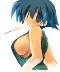  blue_eyes blue_hair blush breasts food large_breasts mouth_hold original popsicle sakaki_(noi-gren) short_hair sideboob simple_background solo sweat upper_body 