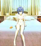  ayanami_rei bed bedroom blue_hair breasts come_hither condom condom_wrapper highres medium_breasts neon_genesis_evangelion nude pubic_hair red_eyes solo 