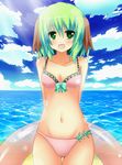  animal_ears arms_behind_back bad_id bad_pixiv_id beach bikini blush breasts cleavage day green_eyes green_hair highres innertube kasodani_kyouko medium_breasts navel ocean open_mouth outdoors shinekalta solo swimsuit touhou water 