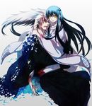  1girl black_hair blood closed_eyes japanese_clothes kei_(space_sonic) kimono long_hair multicolored_hair nura_rikuo nurarihyon_no_mago ringed_eyes scarf tears white_hair yellow_eyes yuki_onna_(nurarihyon_no_mago) 