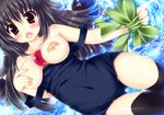  areola_slip areolae bandaid bandaids_on_nipples black_hair black_legwear black_wings blush bow breasts cape covering covering_breasts fang green_bow hair_bow hand_on_own_chest large_breasts long_hair md5_mismatch one-piece_swimsuit ooji_cha open_mouth pasties red_eyes reiuji_utsuho ribbon school_swimsuit solo strap_slip swimsuit swimsuit_pull thigh_gap thighhighs third_eye touhou wings 