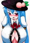  blue_hair blush breasts censored han64 han_(jackpot) hat hinanawi_tenshi huge_breasts long_hair open_clothes open_mouth open_shirt paizuri paizuri_under_clothes penis red_eyes shirt simple_background touhou upper_body 
