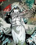  black_hair cocorip japanese_clothes kimono long_hair multicolored_hair nurarihyon_no_mago ringed_eyes scarf solo yellow_eyes yuki_onna_(nurarihyon_no_mago) 