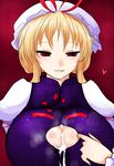  aftersex blonde_hair blush breasts cum cum_dump cum_on_body cum_on_breasts cum_on_clothes cum_on_upper_body dress han64 han_(jackpot) hat heart huge_breasts odor pixiv_manga_sample red_eyes short_hair simple_background smell smile solo steam touhou upper_body yakumo_yukari 