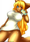  big_breasts blonde_hair blue_eyes blush bottomless breasts can canine clothed clothing cute female hair half-dressed kami-chan lemonade long_hair looking_down mammal one_eye_closed orange_hair plain_background pointy_ears pussy shirt skimpy smile solo standing web_address white_background wolf 