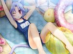  animal_ears armpits ball beachball blue_hair blush cat_ears cat_tail hat highres love-bride_eve lying namaru_(summer_dandy) name_tag nashizuki_sarasa on_back one-piece_swimsuit one_eye_closed red_eyes sand sandals school_swimsuit solo sweat swimsuit tail wallpaper wet 