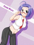  ahoge bare_shoulders bespectacled between_breasts blue_hair breasts glasses idolmaster idolmaster_(classic) idolmaster_2 large_breasts miura_azusa navel necktie purple_eyes shirt short_hair solo taut_clothes taut_shirt wagomu17 