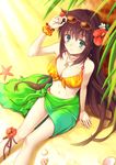  bad_id bad_pixiv_id bikini breasts brown_hair cleavage eyewear_on_head flower gradient_sarong green_eyes green_sarong hair_flower hair_ornament hibiscus large_breasts leg_ribbon long_hair original ribbon rucoruco sarong solo starfish sunglasses swimsuit very_long_hair 