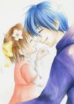  1girl blue_hair bow brown_hair child clannad closed_eyes father_and_daughter flower hair_bow hair_flower hair_ornament mamezaru okazaki_tomoya okazaki_ushio petals smile 