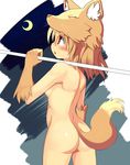  animal_hat ass back blush brown_hair crescent_moon fireflysnow fox_tail from_behind hat moon moonlight_flower nude over_shoulder ragnarok_online red_eyes solo tail 