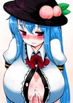  blue_hair blush breasts censored center_opening cum cum_in_clothes cum_on_body cum_on_breasts cum_on_clothes cum_on_upper_body ejaculation food fruit han64 han_(jackpot) hat hinanawi_tenshi huge_breasts long_hair open_clothes open_shirt paizuri paizuri_under_clothes peach penis penis_under_clothes purple_eyes red_eyes shirt simple_background sweat touhou upper_body very_long_hair 