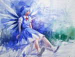  blue blue_dress blue_hair bow cirno dress hair_bow ice ice_wings misawa_hiroshi realistic sitting solo touhou traditional_media watercolor_(medium) wings 