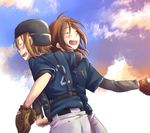  baseball_helmet baseball_mitt baseball_uniform brown_hair closed_eyes clothes_writing helmet hirasawa_yui hug k-on! multiple_girls shakeda_mamoshirou short_hair sleeves_pushed_up sportswear tainaka_ritsu 